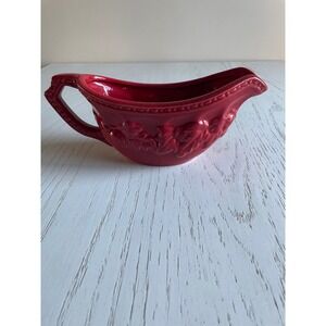 Savino Cranberry Red Ceramic Gravy Boat Embossed Cherubs Ruffled Rim